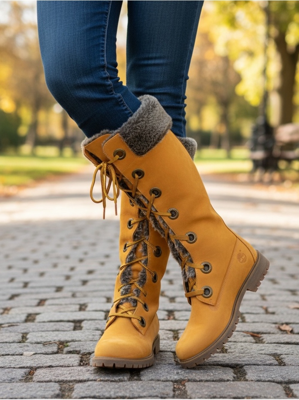 Timberland Women's Tall Lace-Up Winter Boots in Wheat/Yellow with Faux-Fur Trim